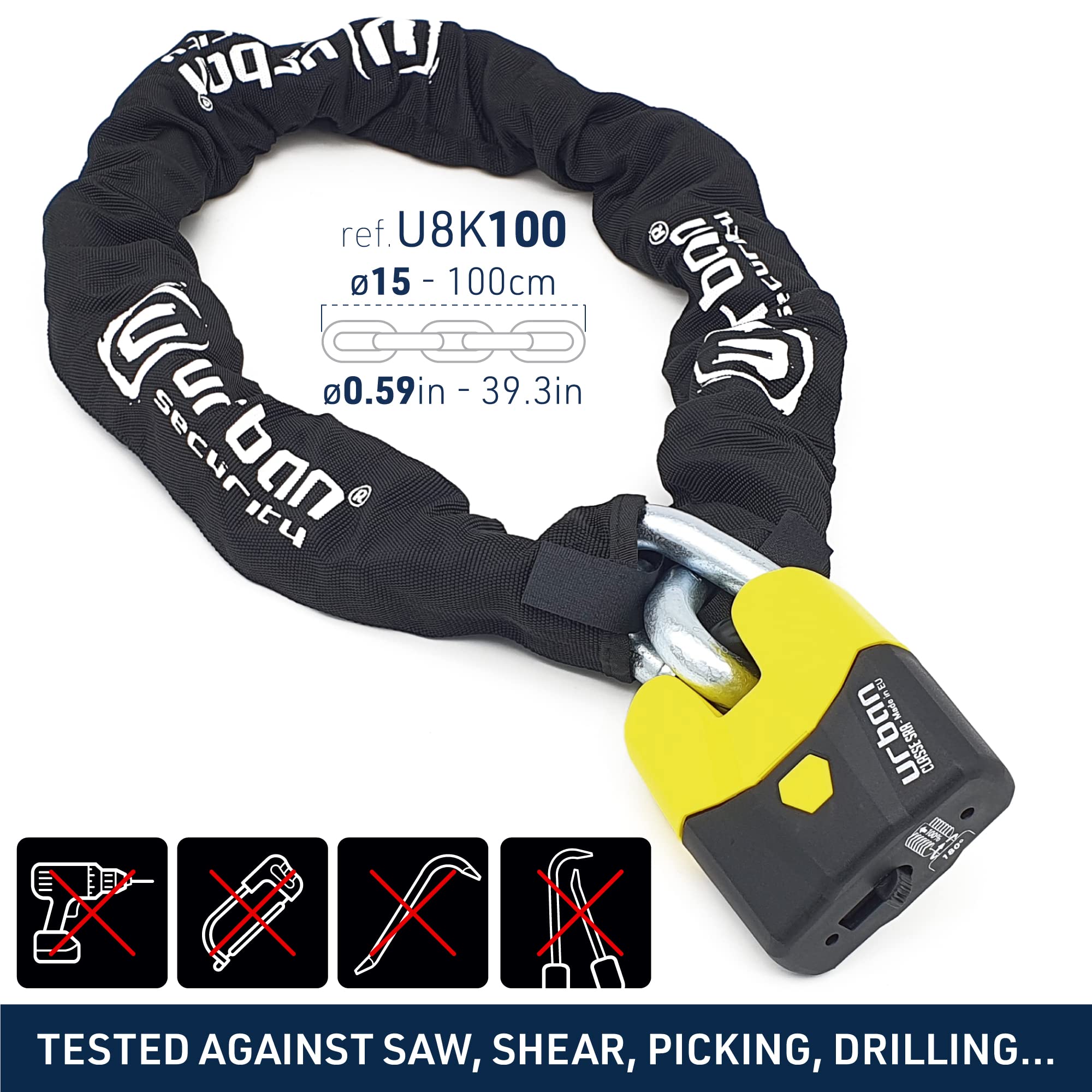 Urban Security U8K100 Heavy Duty Motorcycle Chain Lock – Cut Proof Anti-Theft Bike Lock with SRA Approved Cut Resistant Padlock (100cm) – Ideal for Motorcycles, Scooters, Bikes & Outdoor Security