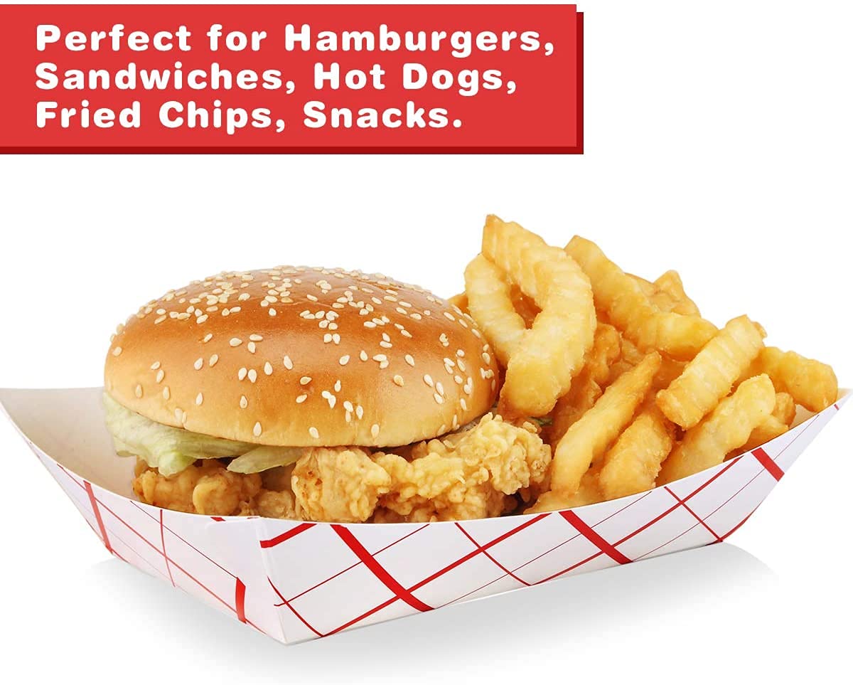 Red & White Checkered Paper Food Trays - 100 Pack Disposable Serving Boats (Medium 2LB) | Recyclable, Grease Resistant for Snacks, Condiments & Concession Food | Perfect for Parties, Picnics & Food Trucks