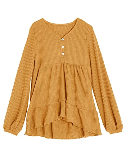 Popheartgo Girls Waffle Knit Tunic Top - Babydoll Peplum Blouse with Ruffles & High-Low Hem - Loose Long Sleeve Jumper for Kids - Perfect for School, Playdates & Casual Outings