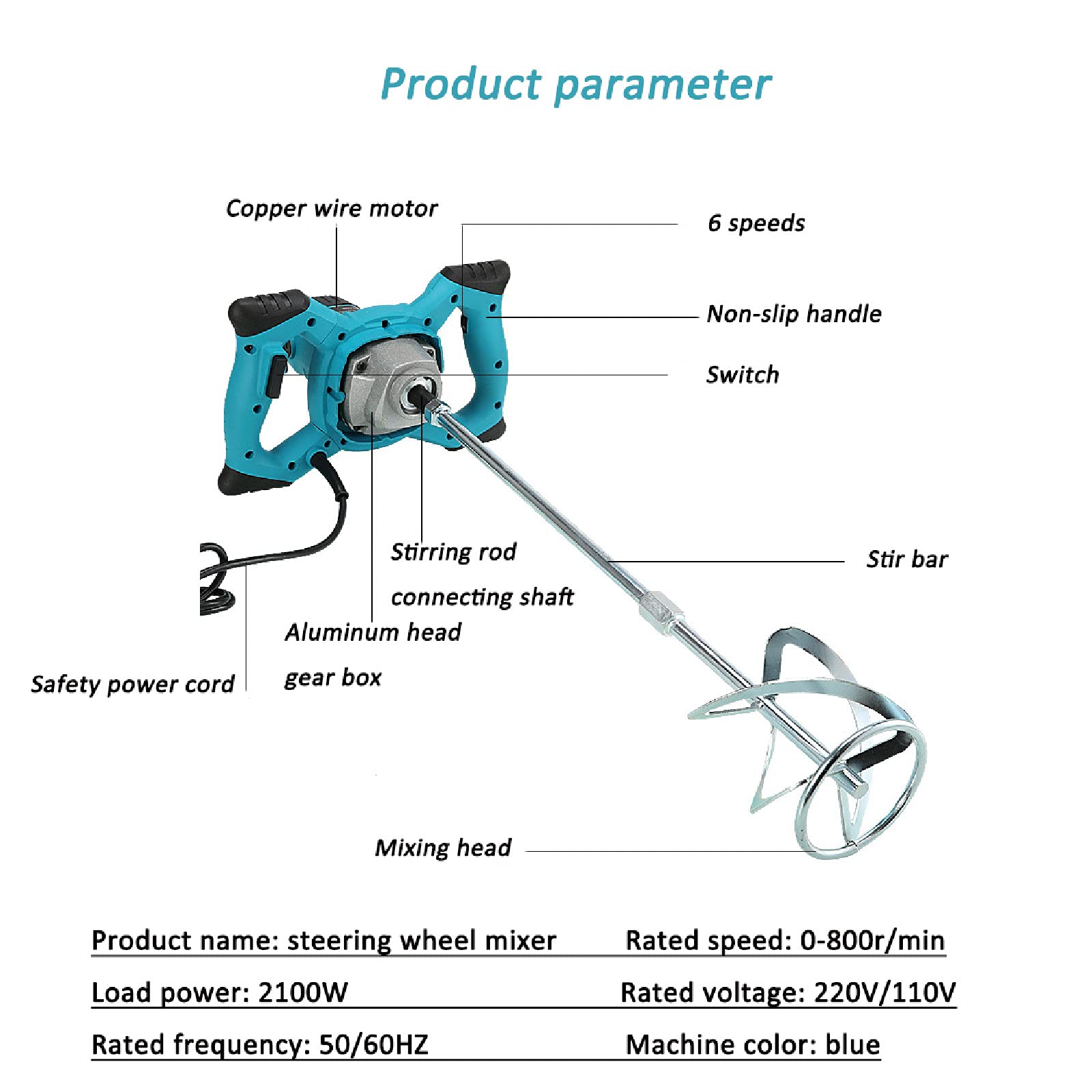 2100W Electric Paddle Mixer with Safety Switch - M14 Pole 60cm Handheld Cement Stirrer for Plaster, Paint, Mortar & Glue Mixing - Blue 220V - Perfect for DIY Home Renovation & Construction Projects