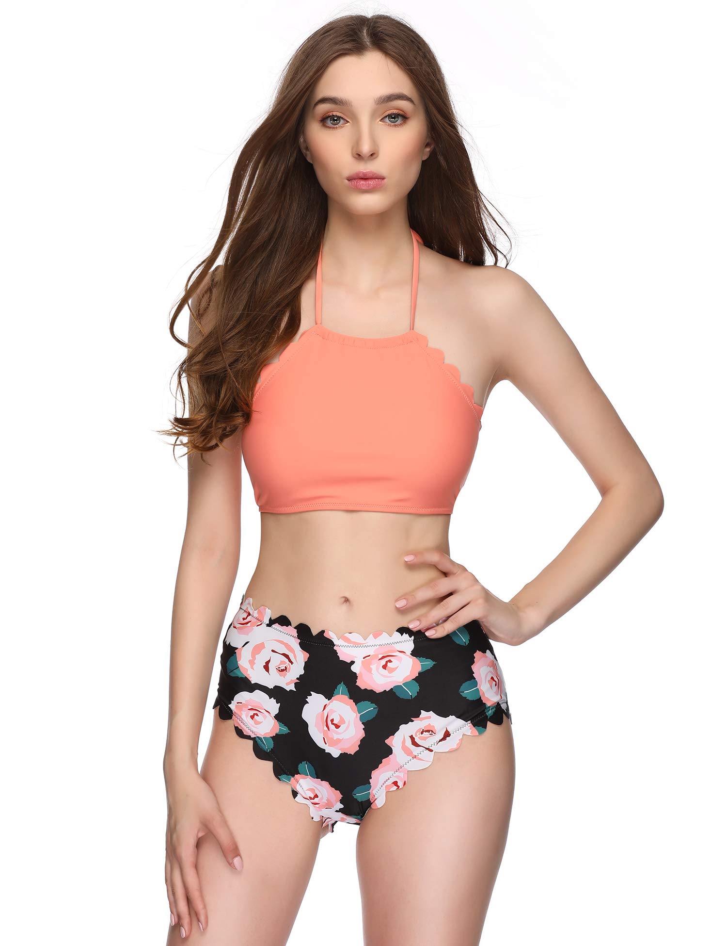 Verano Playa Women's Floral Print High Neck Bikini Set - Two Piece Halter Swimwear with Wave Edge Design for Beach, Pool & Summer Vacations