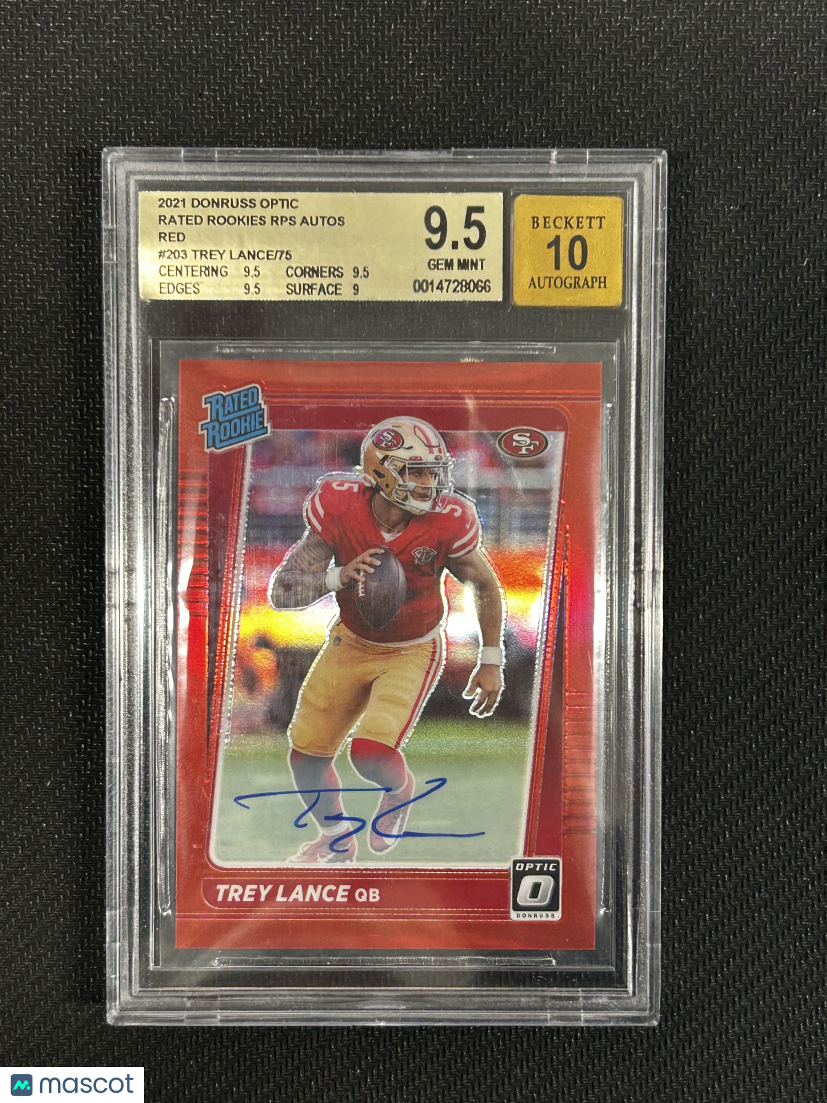 2021 Donruss Optic Rated Rookies Trey Lance Red Auto /75 #203 BGS 9.5 - Football Trading Card for Collectors & Sports Memorabilia Enthusiasts