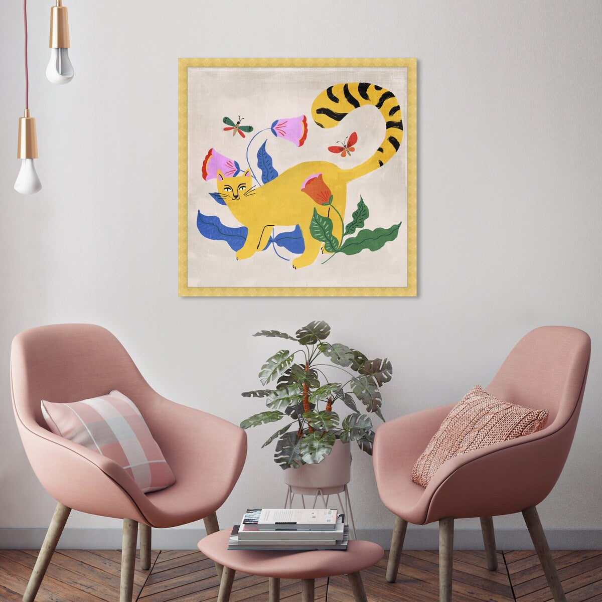 Blonde Tabby Floral Kitten Butterfly Garden Modern Yellow Framed Wall Art Print - Perfect for Bedroom, Nursery, Living Room & Home Decor