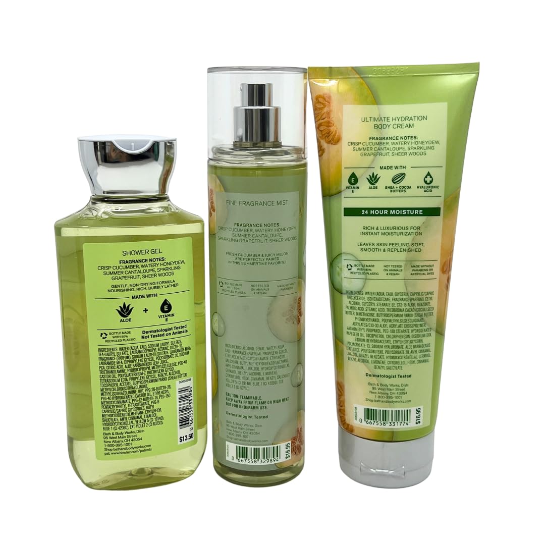 Bath & Body Works Cucumber Melon 3-Piece Gift Set - 10oz Shower Gel, 8oz Body Mist & 8oz Body Lotion | Refreshing Summer Skincare Routine for Women
