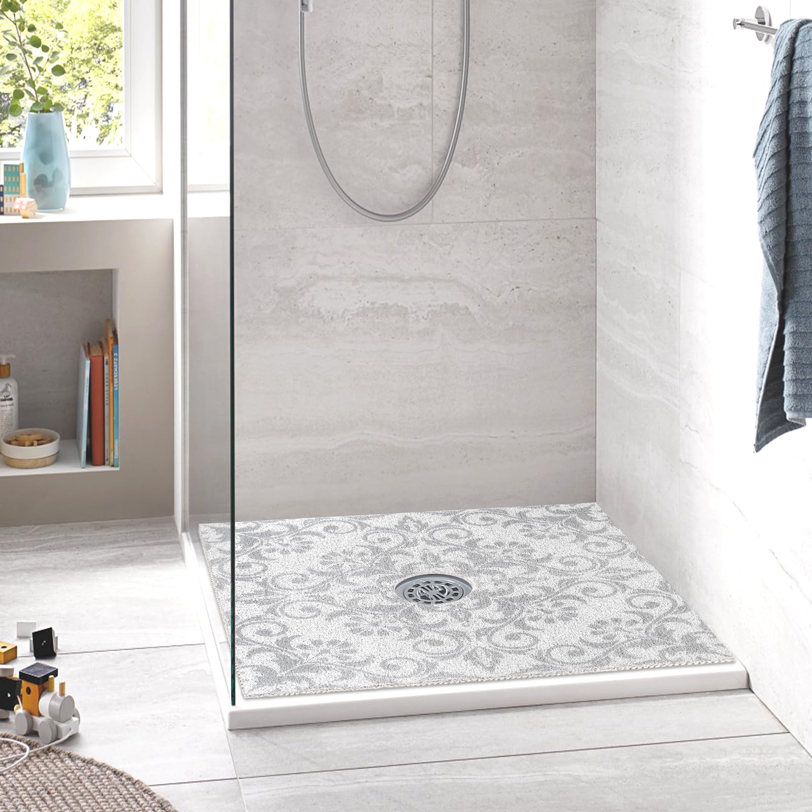 Non-Slip Square Shower Mat 27x27 Inch with Drain Hole - PVC Loofah Bathroom Floor Mat for Shower & Bathtub Safety - Perfect for Wet Rooms, Bathrooms & Spa Areas