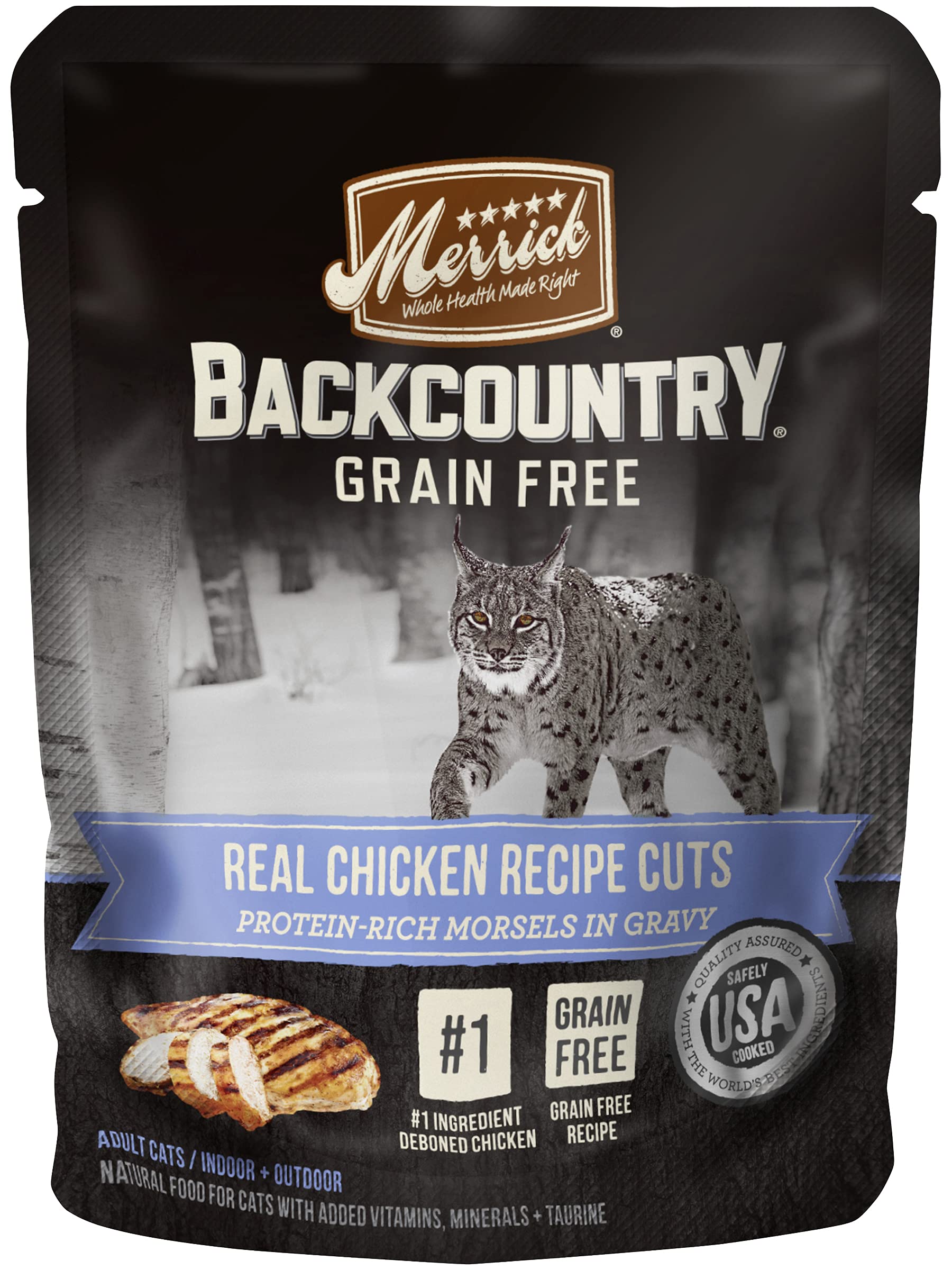 Merrick Backcountry Grain Free Wet Cat Food - Real Chicken Recipe in Gravy with Added Vitamins & Minerals | High Protein Natural Cat Food for Adult & Senior Cats | 3oz Pouch (Pack of 12) - Perfect for Indoor Cats, Weight Management & Picky Eaters
