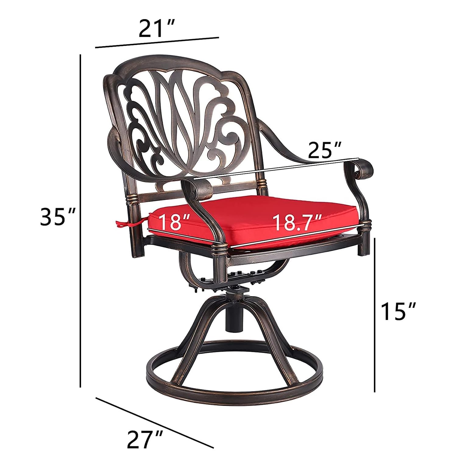 TITIMO 2-Piece Outdoor Patio Dining Chair Set - Cast Aluminum Bistro Swivel Rocker Chairs with Cushions for Garden, Deck, Poolside - Antique Bronze & Khaki (Red) - Perfect for Backyard, Balcony, and Outdoor Entertaining