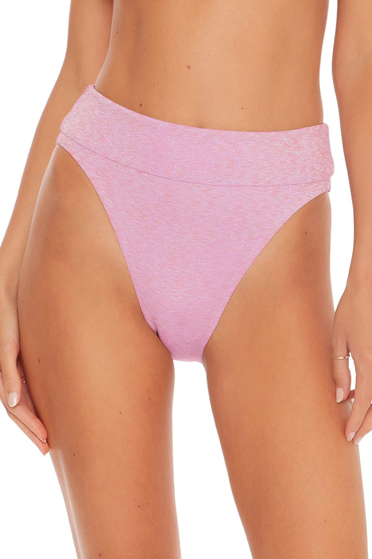 ISABELLA ROSE Women's Metallic High Leg Banded High Waist Bikini Bottom - Rose Quartz Color | Sexy Swimwear for Beach, Pool & Vacation | Plus Size Friendly