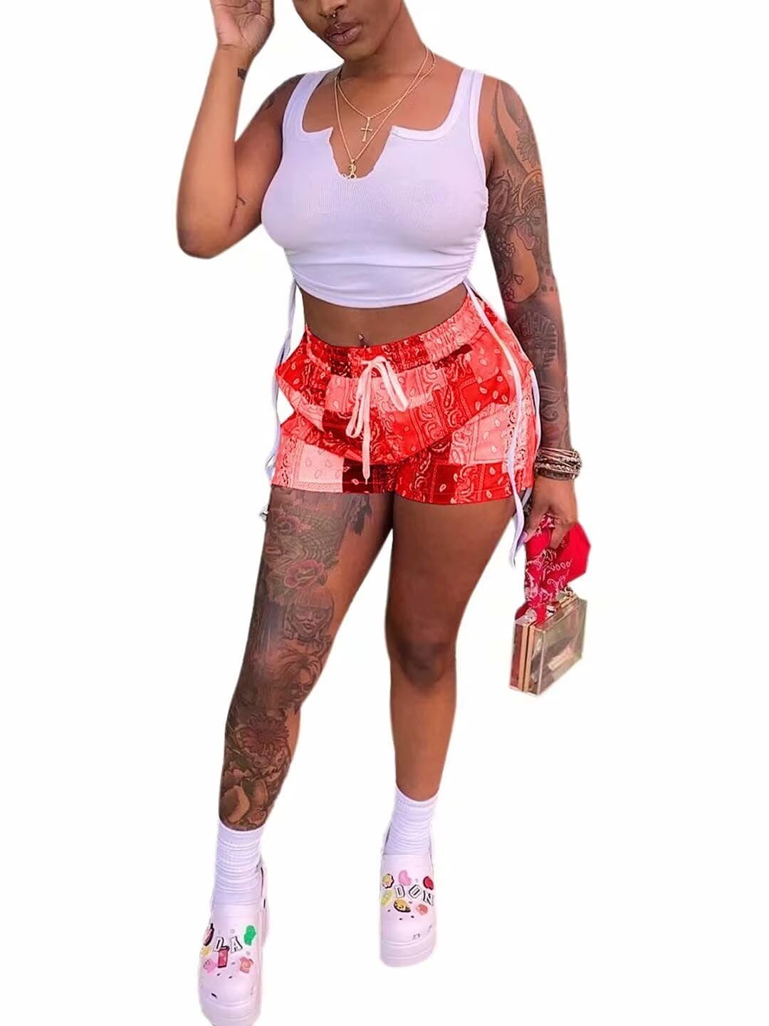 Women's Sexy Patchwork 2-Piece Outfit with Drawstring Crop Top & Printed Shorts Set | Clubwear, Streetwear & Summer Party Outfit