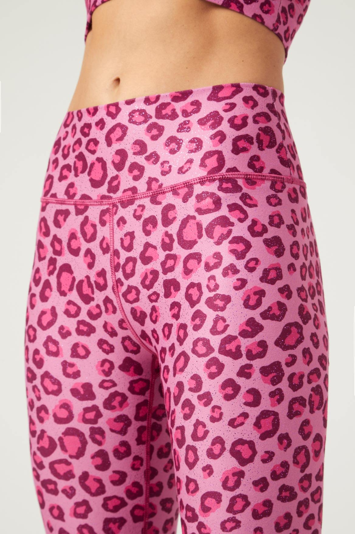 High Waist Leggings for Women - Pink Foil Cheetah Print Yoga Pants, Tummy Control Workout Leggings for Running, Gym & Lounge Wear