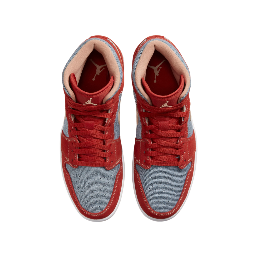 Air Jordan 1 Mid SE Denim Red Sneakers - Men's Basketball Shoes for Casual Wear & Street Style Fashion