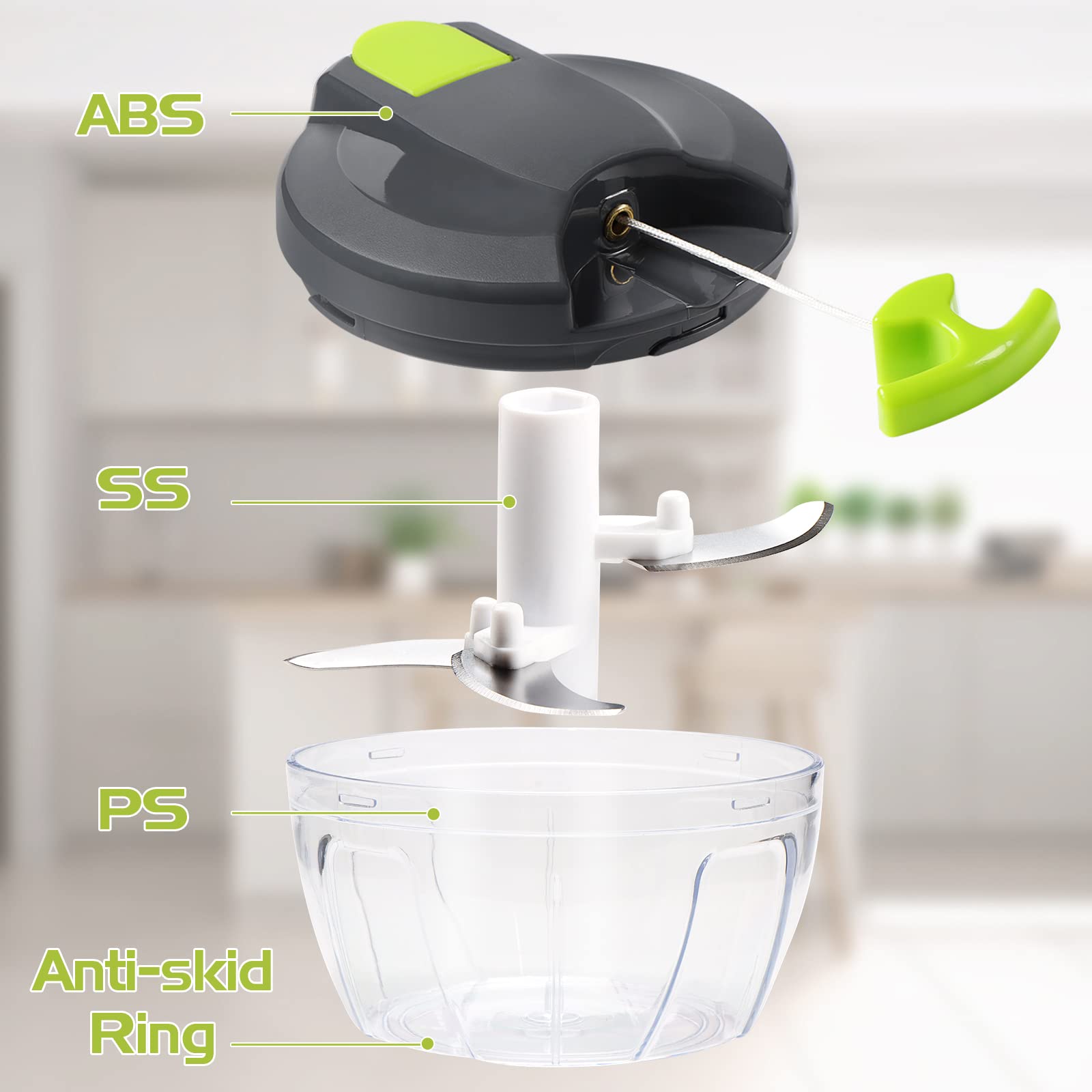 Sinnsally 520ml Manual Food Chopper - Pull String Hand Operated Vegetable Dicer, Onion Slicer, Garlic Press & Shredder for Kitchen - Perfect for Chopping Herbs, Nuts & Meal Prep