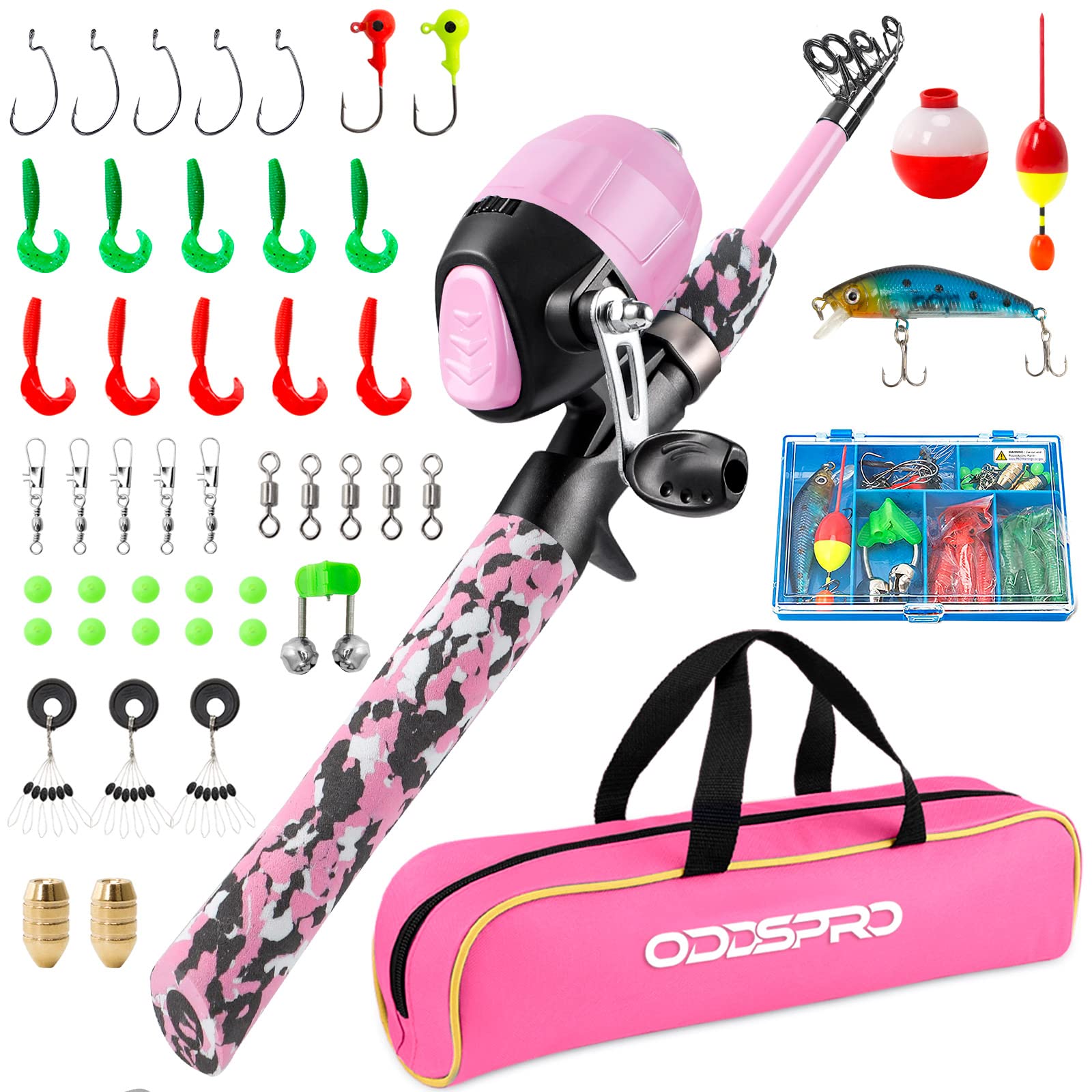 ODDSPRO Kids Fishing Pole Pink - Portable Telescopic Fishing Rod and Reel Combo Kit with Spincast Reel & Tackle Box for Girls & Youth | Perfect for Beginners, Outdoor Adventures, Lakeside Fun & Family Bonding