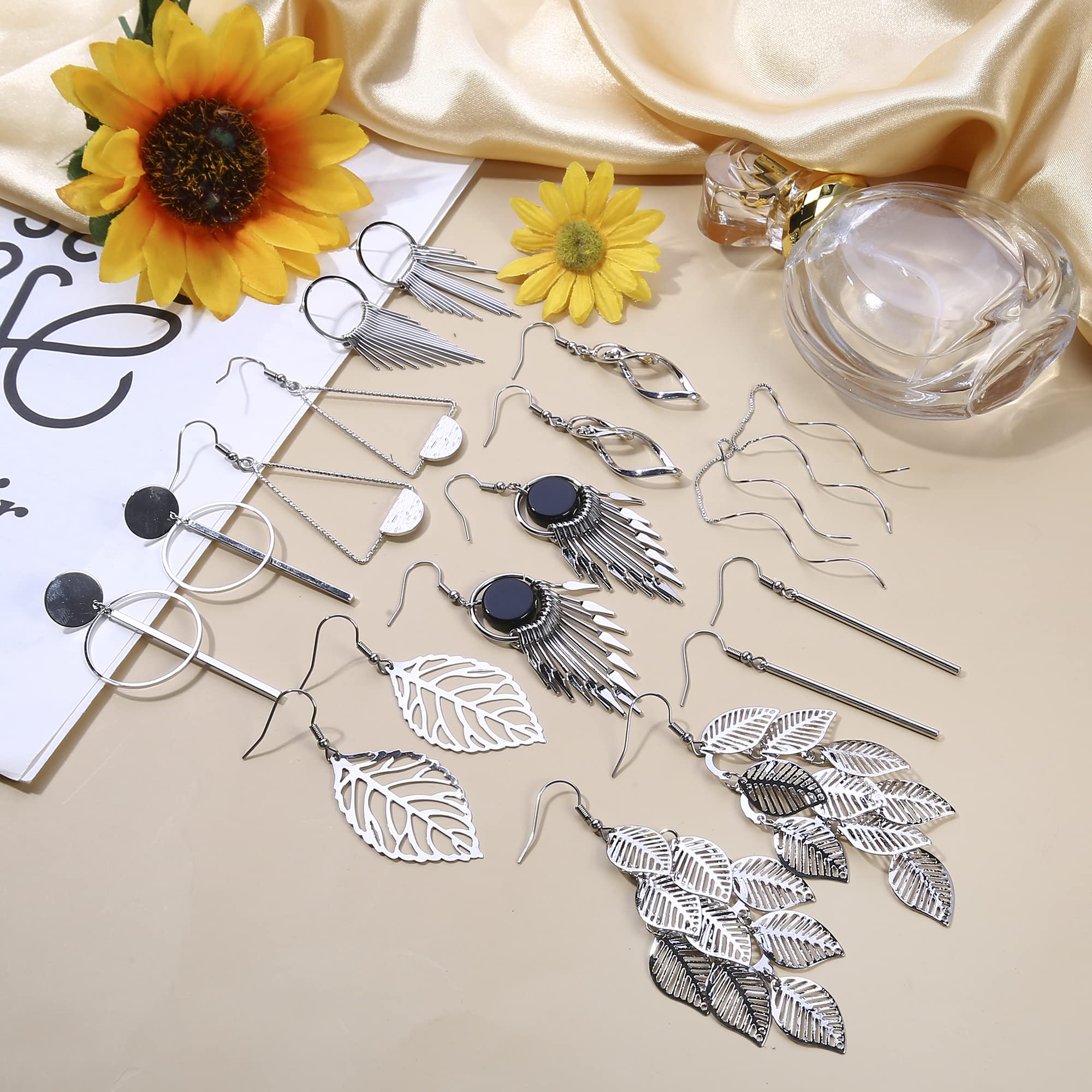 JeweBella 9 Pairs Hypoallergenic Stainless Steel Drop Dangle Earrings for Women - Boho Vintage Silver & Gold Wave Leaf Tassel Long Bar Earrings Set | Fashion Jewelry Gift for Parties, Weddings & Everyday Wear