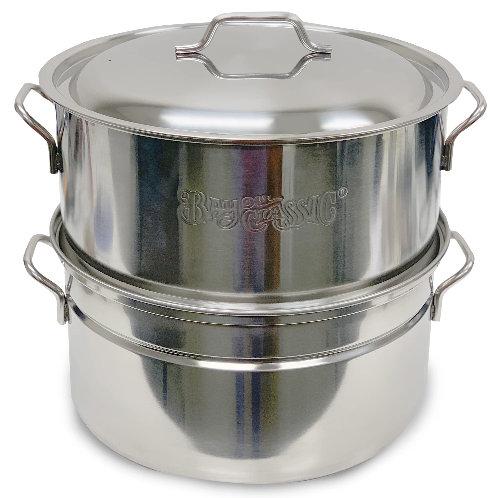 Bayou Classic 300-505 Stainless Steel Oyster Steamer with Heavy Welded Loop Handles & Domed Vented Lid - Perfect for Steaming Half Bushel of Seafood, Vegetables, Clams, and Crab - Ideal for Outdoor Cooking, Backyard Parties, and Seafood Boils