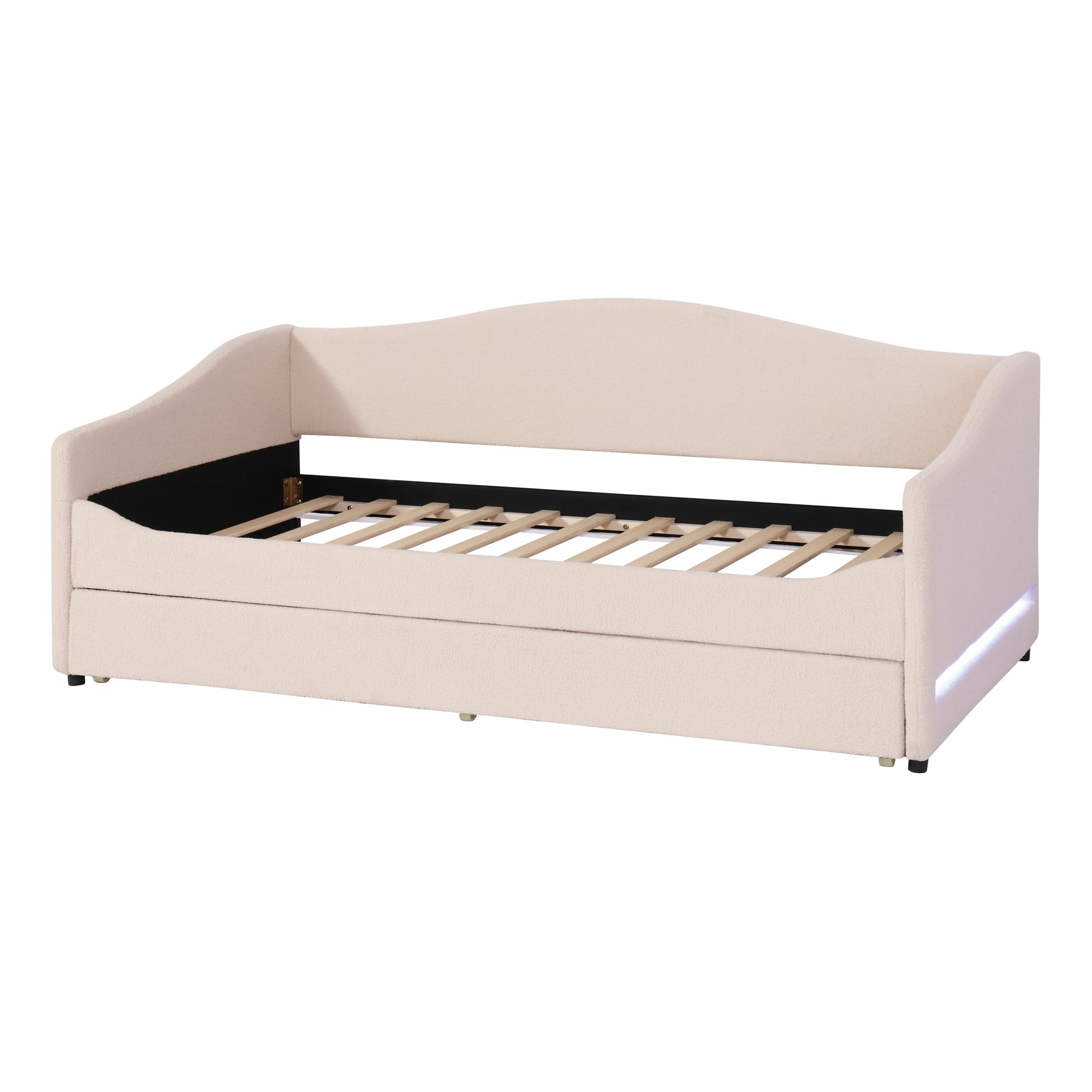 MERITLINE Twin Size Upholstered Daybed with Trundle and LED Lights - Teddy Fleece Sofa Bed Frame with Wooden Trundle - Convertible Sleeper for Bedroom, Living Room, Guest Room - Beige Modern Furniture for Small Spaces & Sleepovers