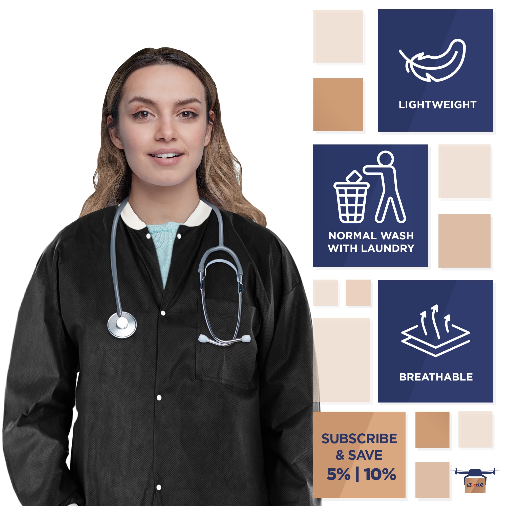 EZGOODZ Disposable Lab Coat - 30 Inch Long Black SMS 50 GSM Unisex PPE Workwear with Snap Front, Knit Cuffs & 3 Pockets (Pack of 100) | Ideal for Medical Labs, Cleanrooms, Food Processing & Industrial Safety