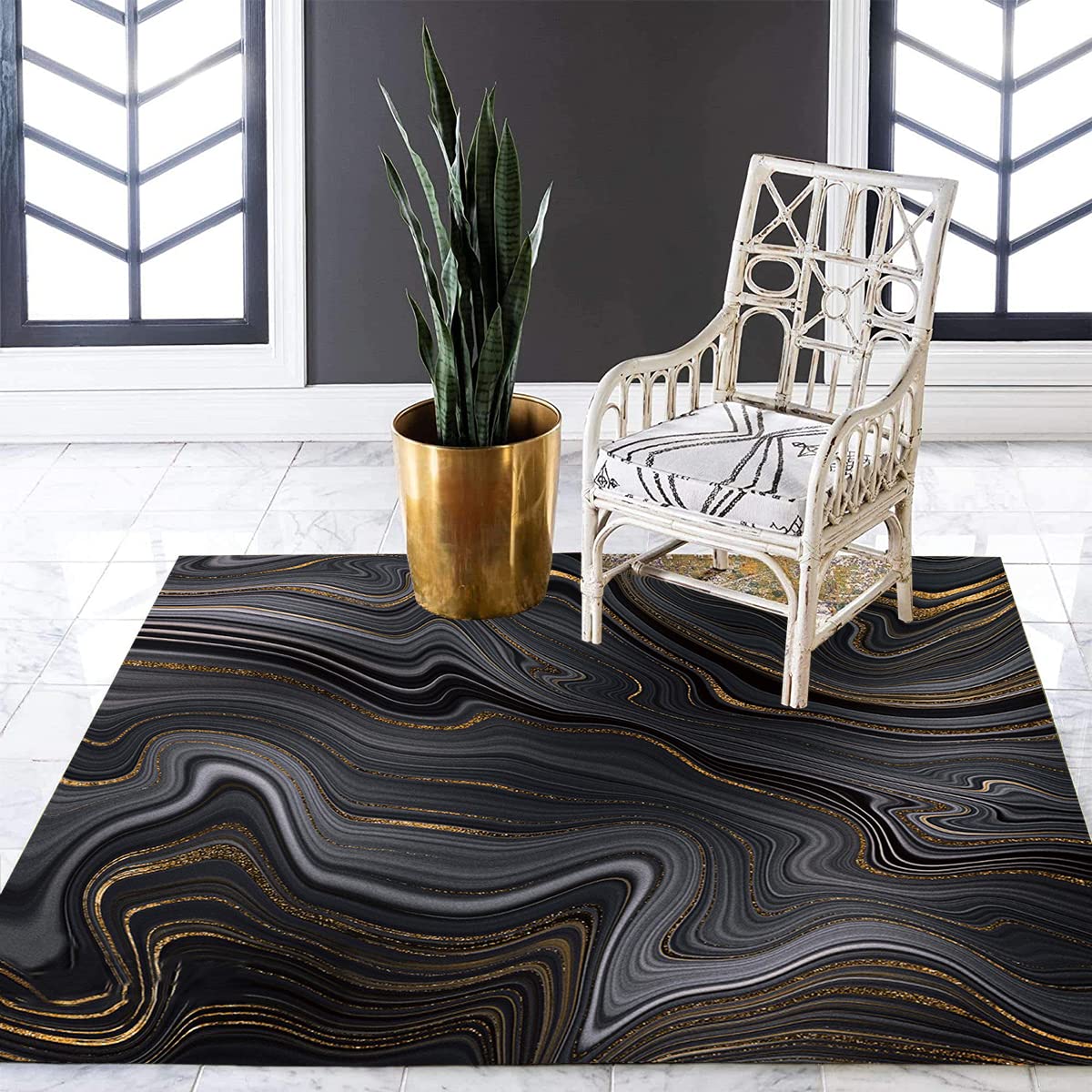 Black Gold Marble Swirl Square Washable Area Rug 8x8 - Soft Thick Non-Slip Modern Abstract Carpet for Living Room, Bedroom, Farmhouse Kitchen & Dining Room - Perfect for High-Traffic Hallways and Entryways