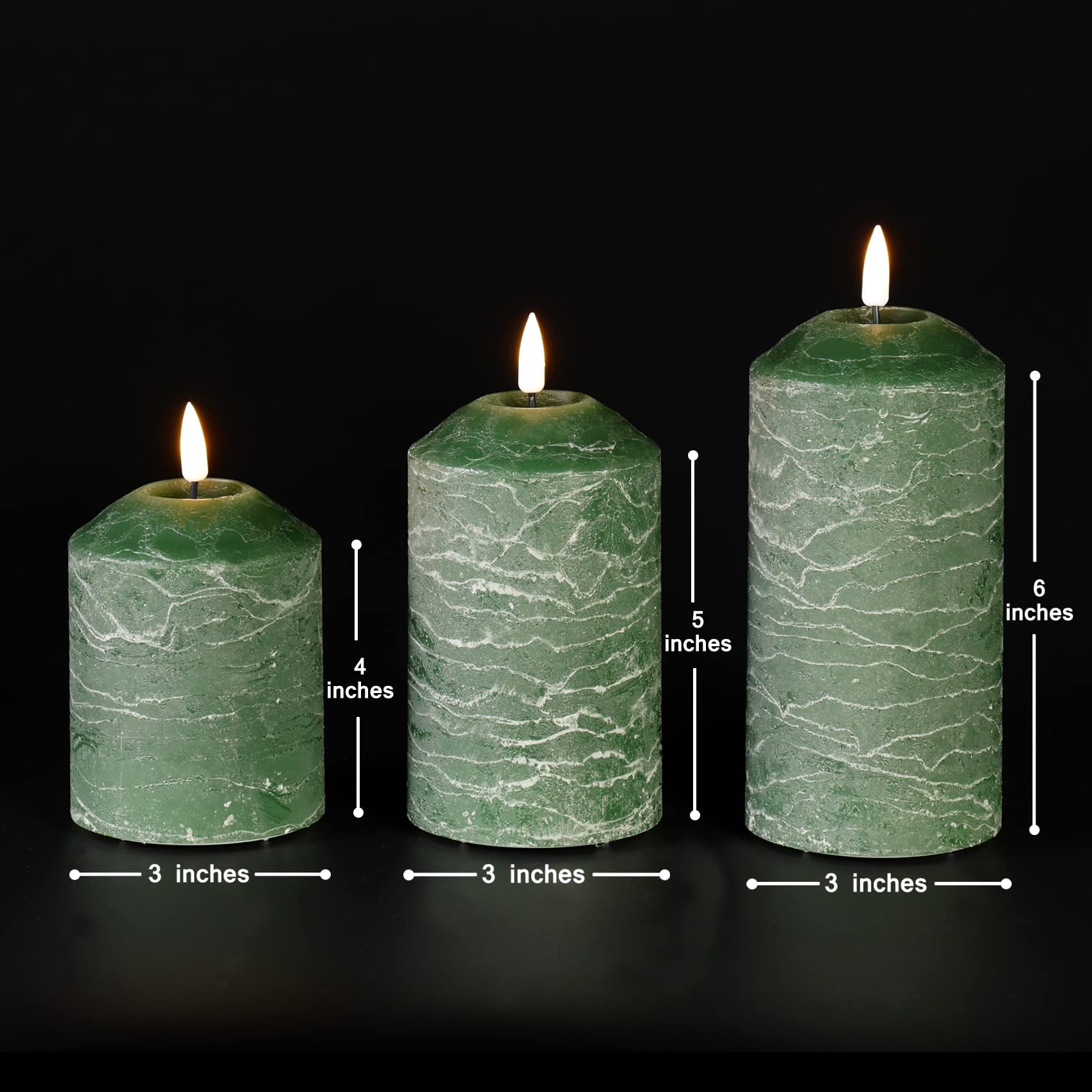 Dark Green Flameless LED Pillar Candles with Remote - Set of 3 Realistic Flickering Battery Operated Candles for Home Decor, Weddings & Romantic Ambiance