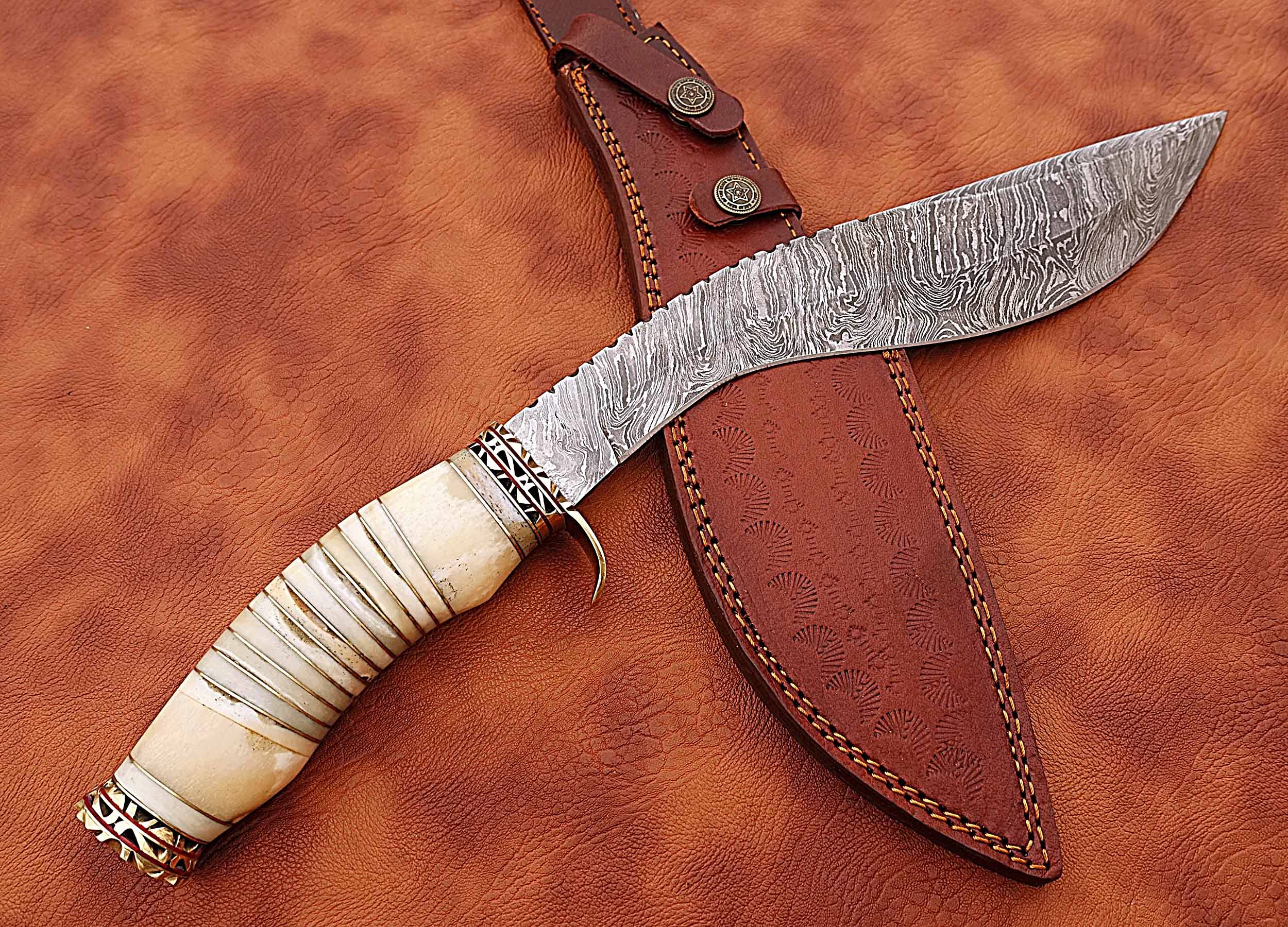 Premium Damascus Steel Hunting Bowie Knife - Handcrafted with Sharp Blade & Camel Bone Handle - Perfect for Outdoor Adventures, Camping, and Survival Gear