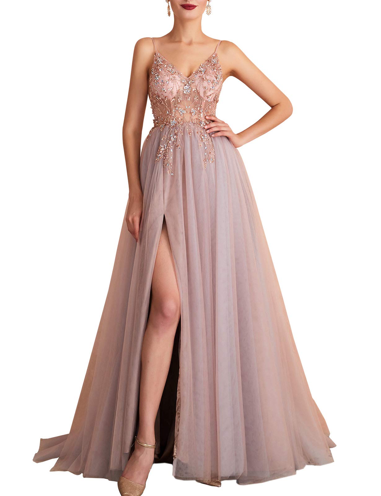 Elegant 2025 Women's Prom Dress - Long V-Neck Sexy Evening Gown with Beaded Detailing | Perfect for Military Ball, Homecoming, and Formal Parties