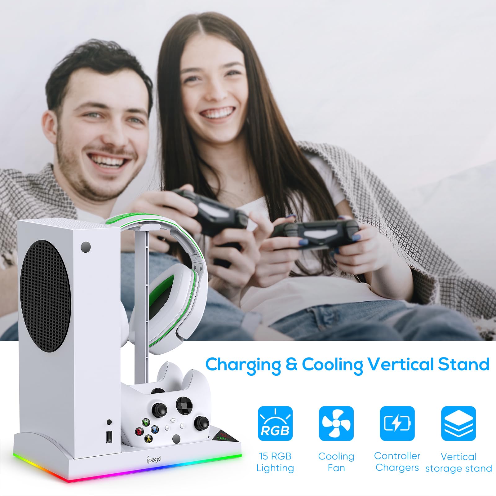 Upgraded RGB Cooling Fan Charging Station for Xbox Series S Console & Controller - Dual Charger Dock Cooler System Stand with 15 Colorful LED Light Modes, Includes 2x1400mAh Rechargeable Batteries (White) - Perfect for Gaming Setup & Accessories Organization