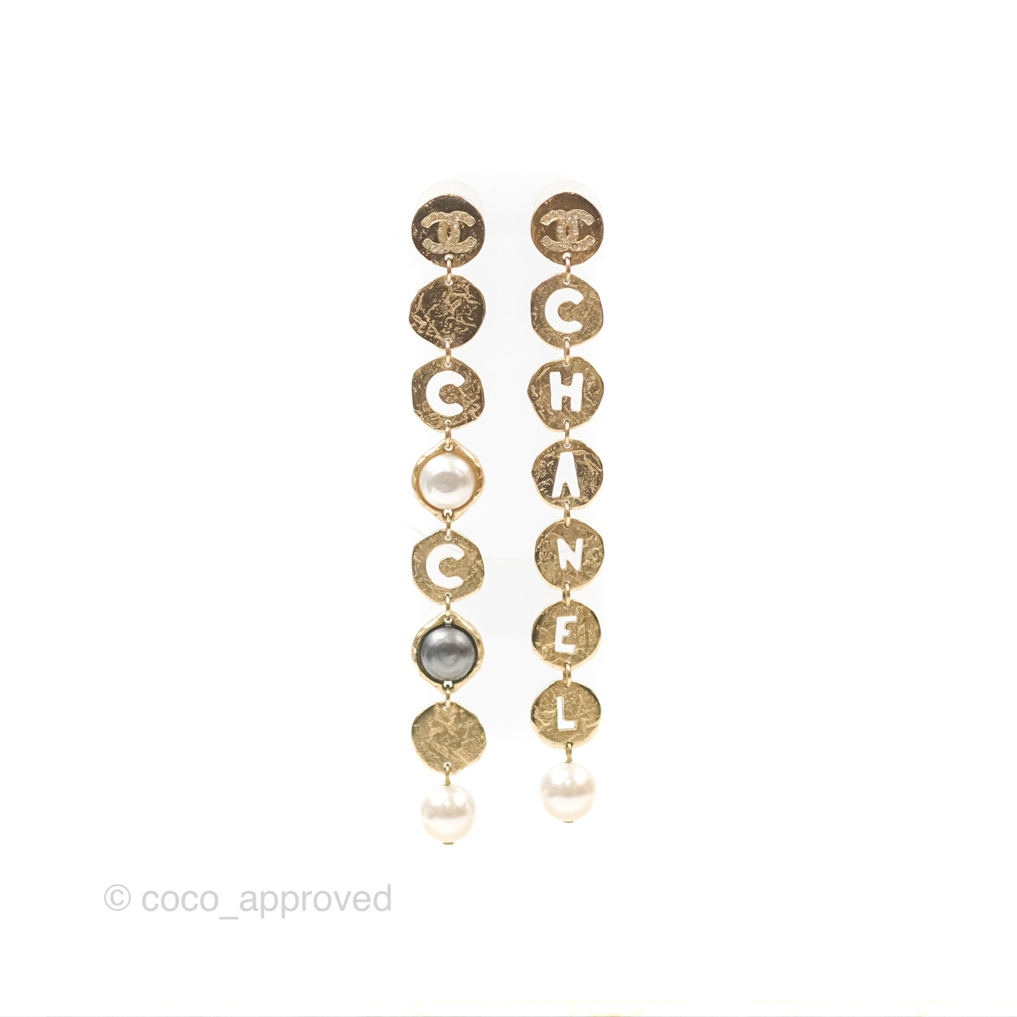 Chanel CC Coco Pearl Round Chain Long Drop Earrings in Gold Tone - 19A Collection | Elegant Jewelry for Parties, Weddings & Special Occasions