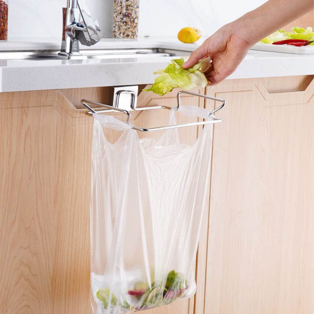 2 Pack Stainless Steel Trash Bag Holder - Heavy Duty Garbage Bag Storage Rack Organizer for Kitchen Cabinets, Doors & Cupboards | Space Saving Hanging Solution for Towels, Gloves & Household Items (Perfect for Small Kitchens, RVs & Apartments)