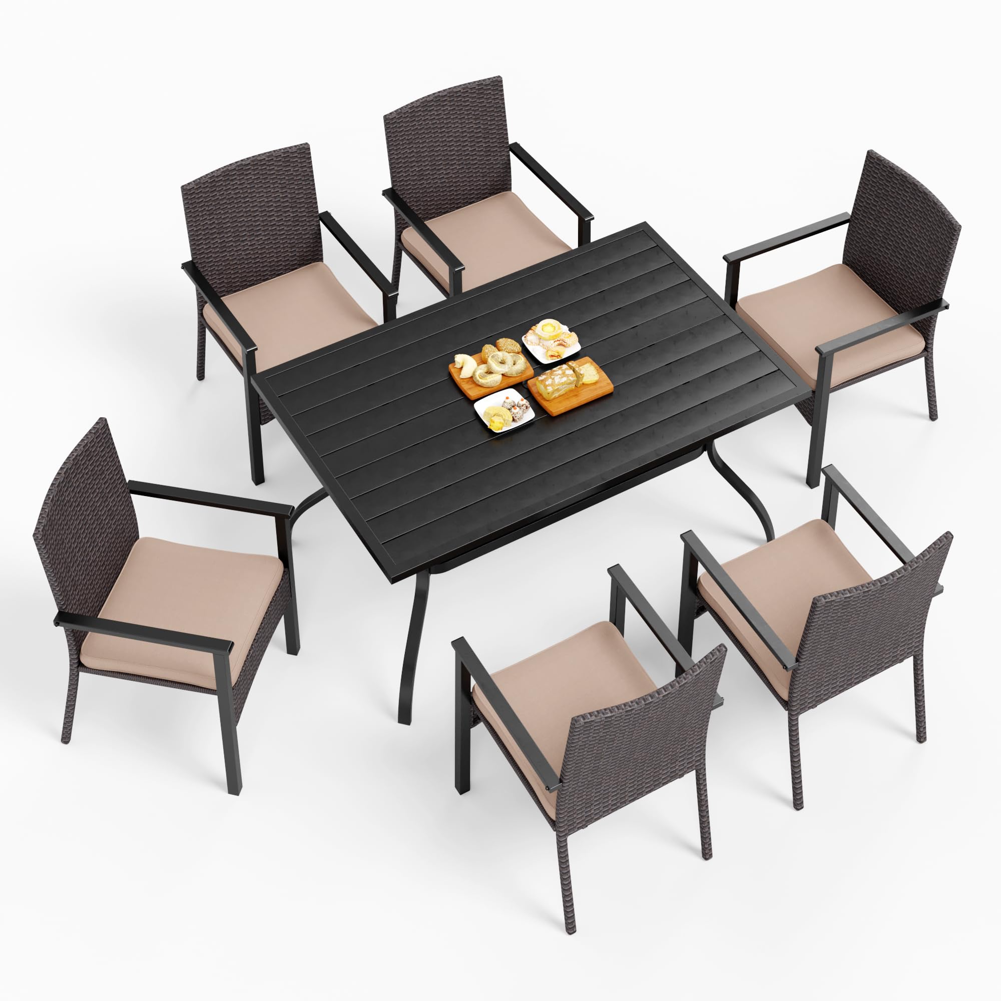 MFSTUDIO 7-Piece Outdoor Wicker Patio Dining Set for 6 People - All-Weather Metal Table & Rattan Chairs - Perfect for Backyard, Garden, Poolside & Restaurant Outdoor Seating