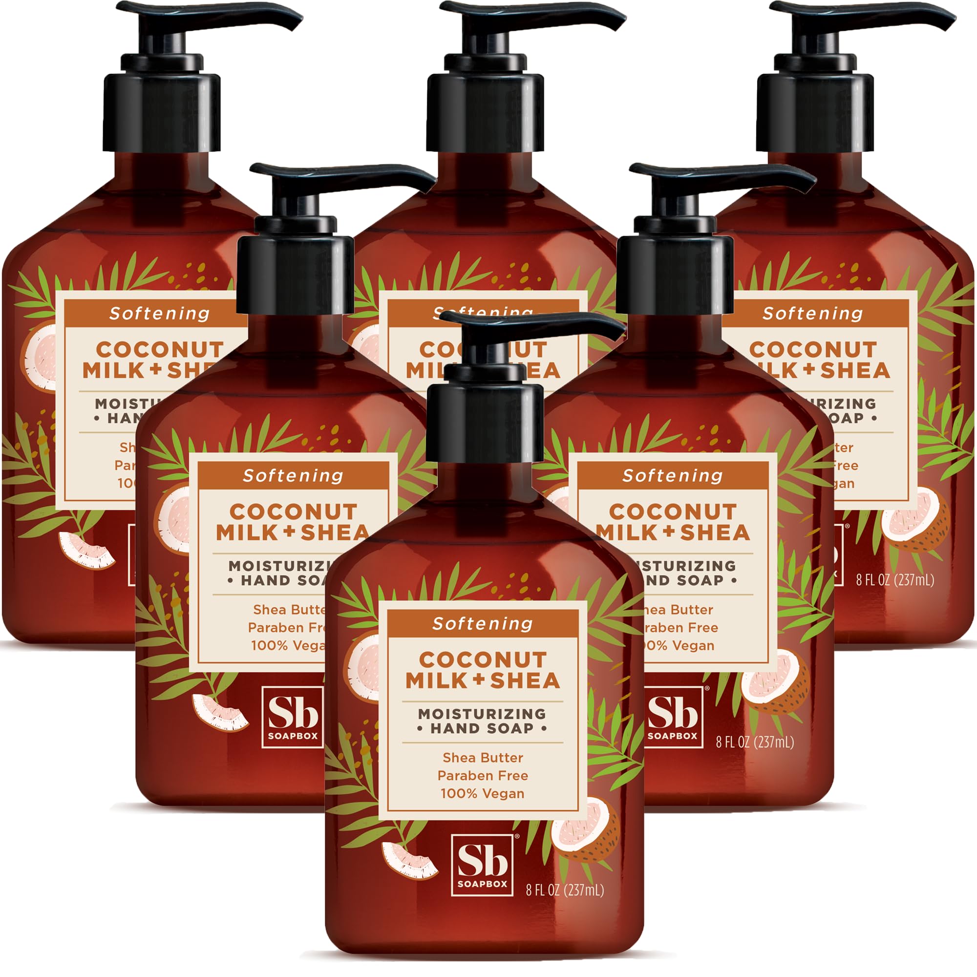 Soapbox Coconut Milk & Shea Butter Moisturizing Hand Soap - 6 Pack (8oz Each) with Pump Dispenser - Hydrating Bathroom & Kitchen Soap for Soft Hands - Perfect for Home, Office, and Guest Bathrooms