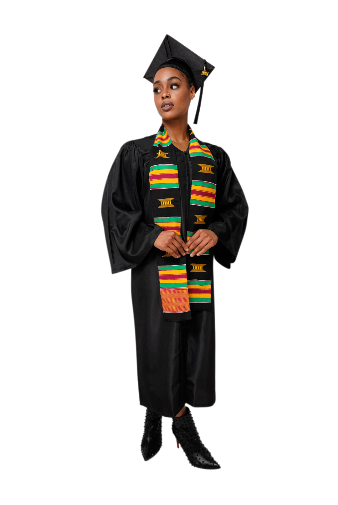 Black and Gold Handwoven Kente Cloth Graduation Stole - Authentic African Heritage Sash DP2169BLK | Perfect for Graduation Ceremonies, Cultural Events & African Pride Celebrations