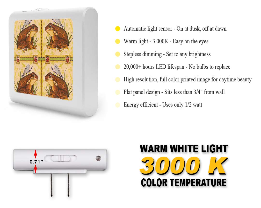 Dimmable LED Night Light with Auto Sensor - Adjustable Brightness Warm White Plug-in Nightlight for Bathroom, Hallway, Nursery & Bedrooms - Brown Frogs Design by Dan Morris - Perfect for Kids' Rooms, Safe Nighttime Navigation & Energy-Efficient Home Lighting