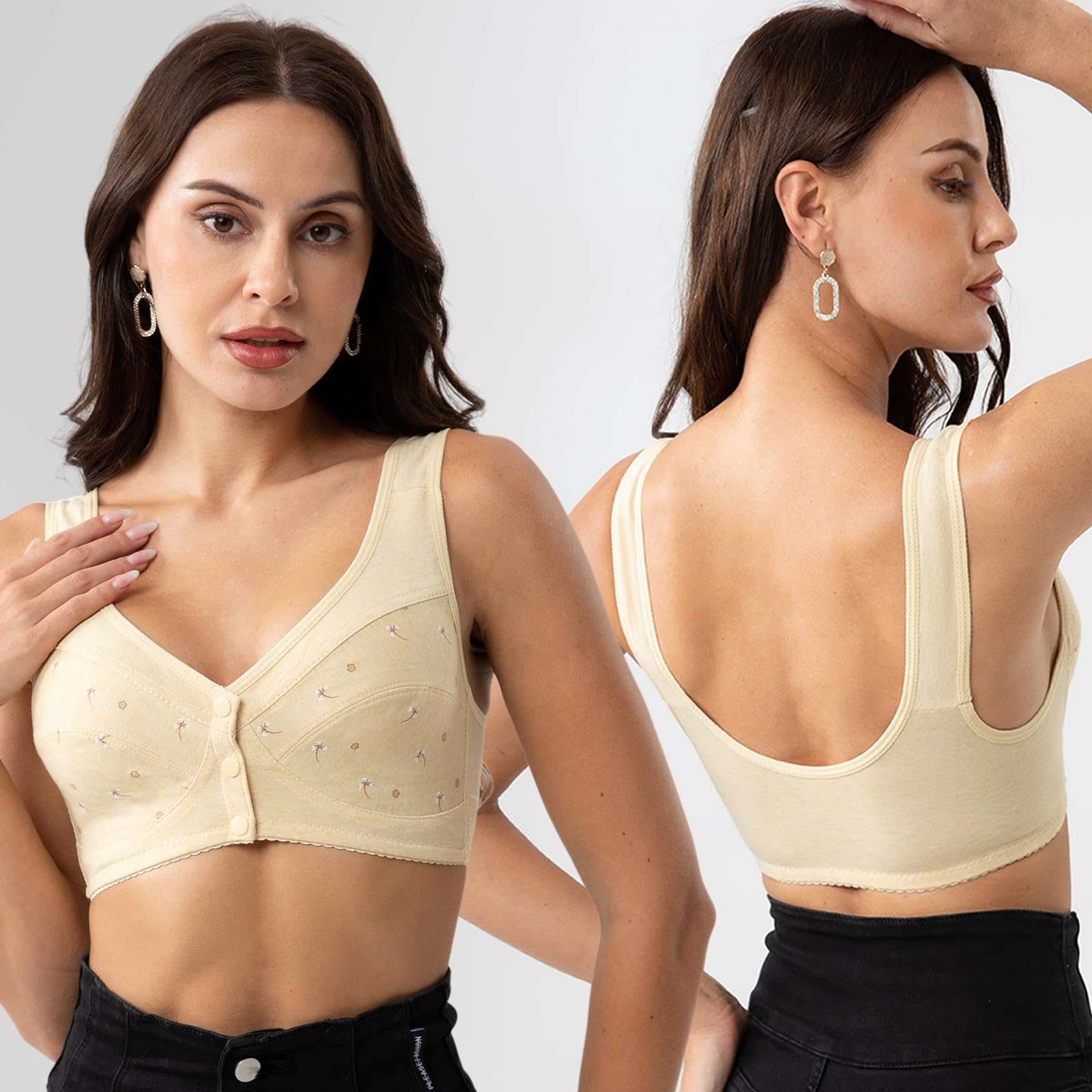 Comfortable Front Closure Bras for Women - No Underwire Daisy Bra, Supportive & Soft Wireless Bras for Older Women - Perfect for Daily Wear, Yoga & Relaxation