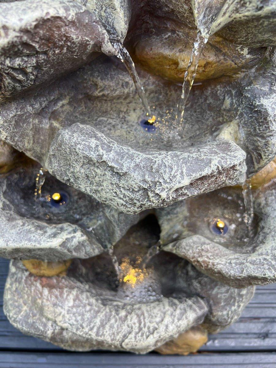 Solar Powered LED Rock Waterfall with 7 Water Bowls - 46x32x26 Inch Outdoor Garden Fountain for Patio, Yard & Landscape Decoration | Relaxing Water Feature with Natural Stone Design