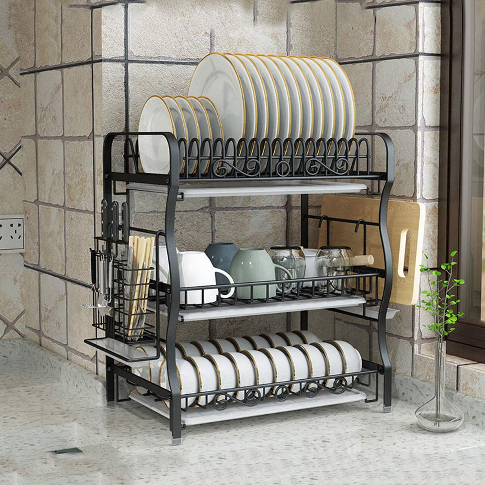 Premium 304 Stainless Steel Black Dish Drain Rack - Heavy Duty Kitchen Utensil Organizer with Knife Holder | Perfect for Countertop, Sink Side & Small Space Kitchen Organization