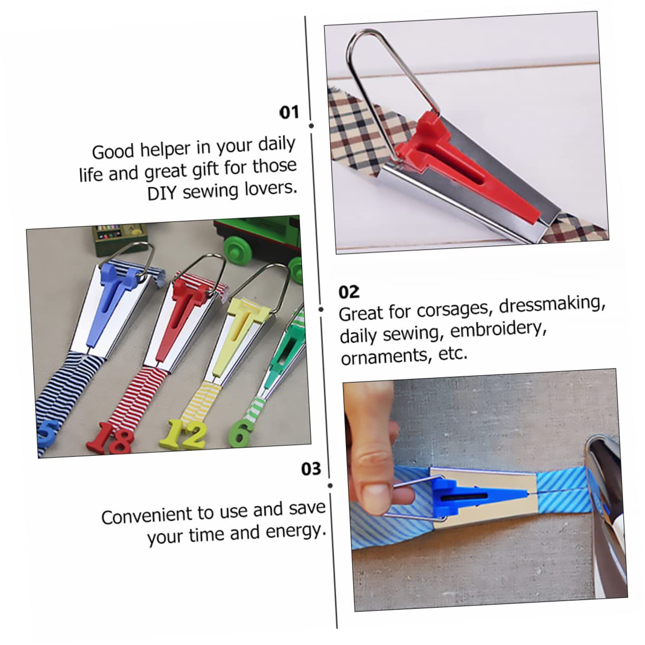 KONTONTY 1 Set Multi-Size Bias Tape Maker Tool Kit with Sewing Clips - Professional Fabric Folding Tools for Quilting, Sewing & DIY Craft Projects - Perfect for Dressmaking, Hemming & Scrapbooking