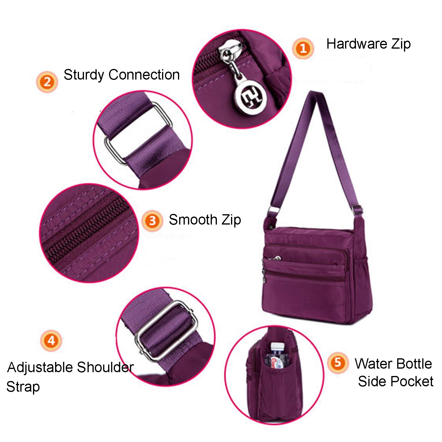 Women's Lightweight Nylon Crossbody Bag - Multi-Pocket Travel Purse for Daily Use & Outings
