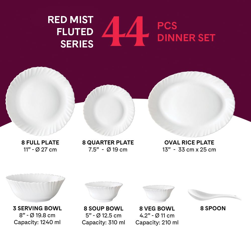 Borosil Red Mist Fluted Opalware Dinner Set - 44 Piece Family Dinnerware for 8 | Microwave & Dishwasher Safe | Bone-Ash Free | Elegant White Plates & Bowls | Perfect for Daily Dining, Entertaining & Gift Giving
