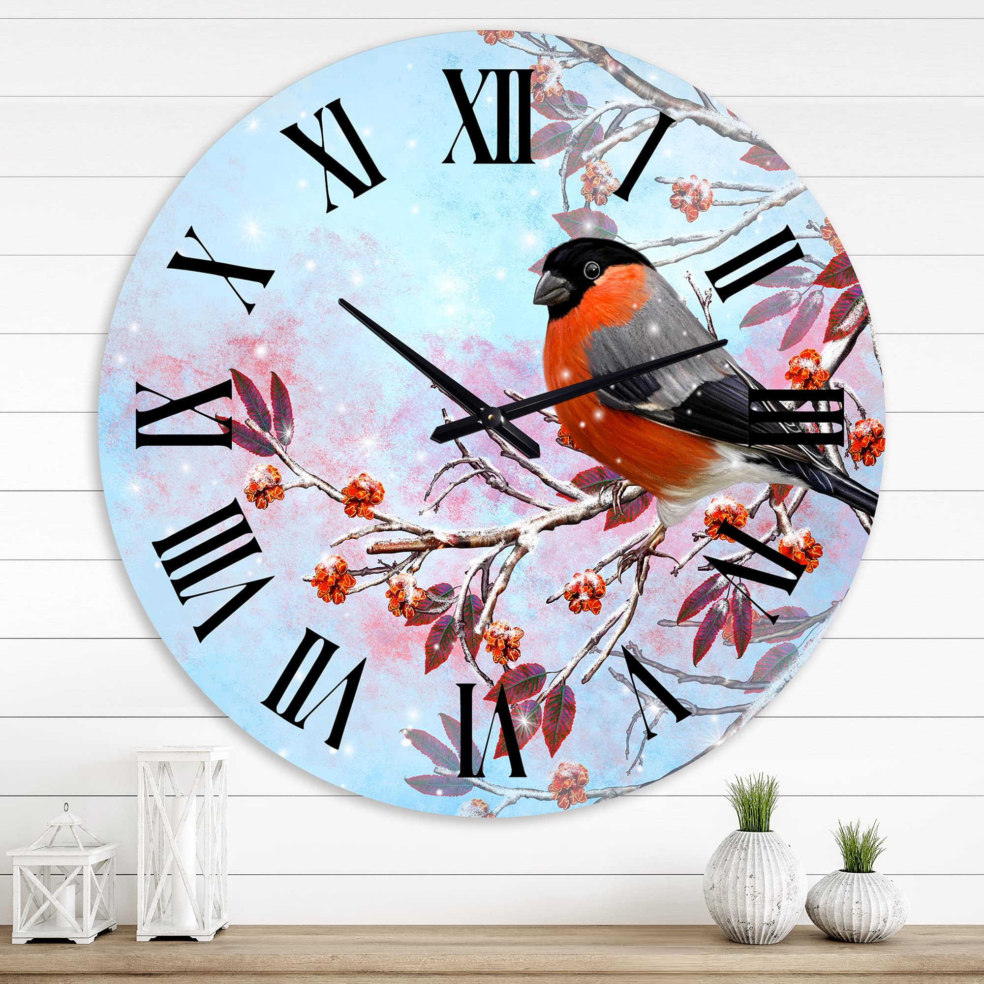 DesignQ Traditional Wall Clock - Two Bright Bullfinch Birds Sitting on Branch - Large Decorative Clock for Home, Living Room, Bedroom, Office | Perfect for Farmhouse, Vintage & Nature-Themed Decor