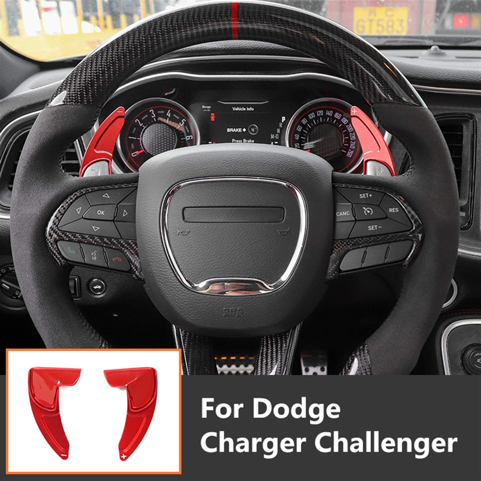 Aluminum Paddle Shifters 2pcs - Steering Wheel Shift Paddle Extensions for Dodge Charger & Challenger 2015-2020 - Red Interior Trim Cover - Enhance Driving Performance & Sporty Look