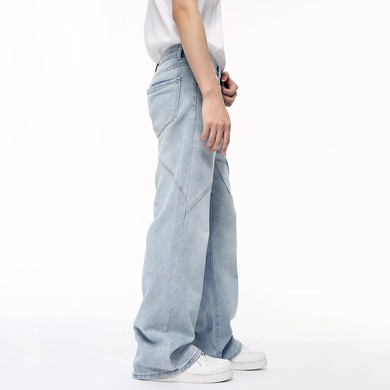American Style Men's Jeans | Patchwork Design Straight Leg Denim Pants for Men | Wide Leg Casual Male Trousers | Stylish Streetwear (9C6400) | Perfect for Everyday Wear, Urban Fashion & Casual Outings