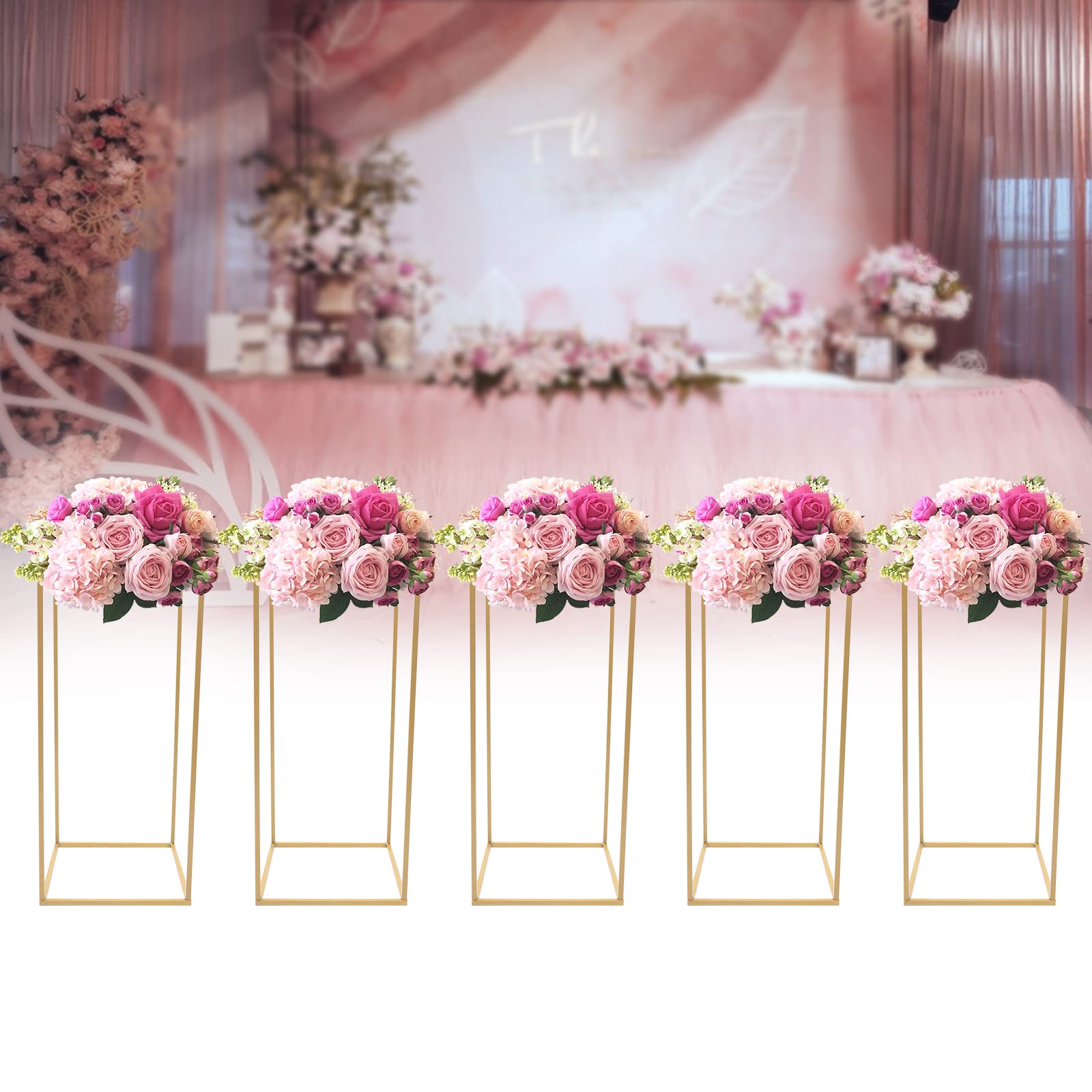 5Pcs Gold Metal Flower Floor Vase Stand - 11.02x11.02x23.6 Inch Geometric Column Centerpiece for Wedding, Party, Home Decor - Elegant Table & Event Decoration Supplies