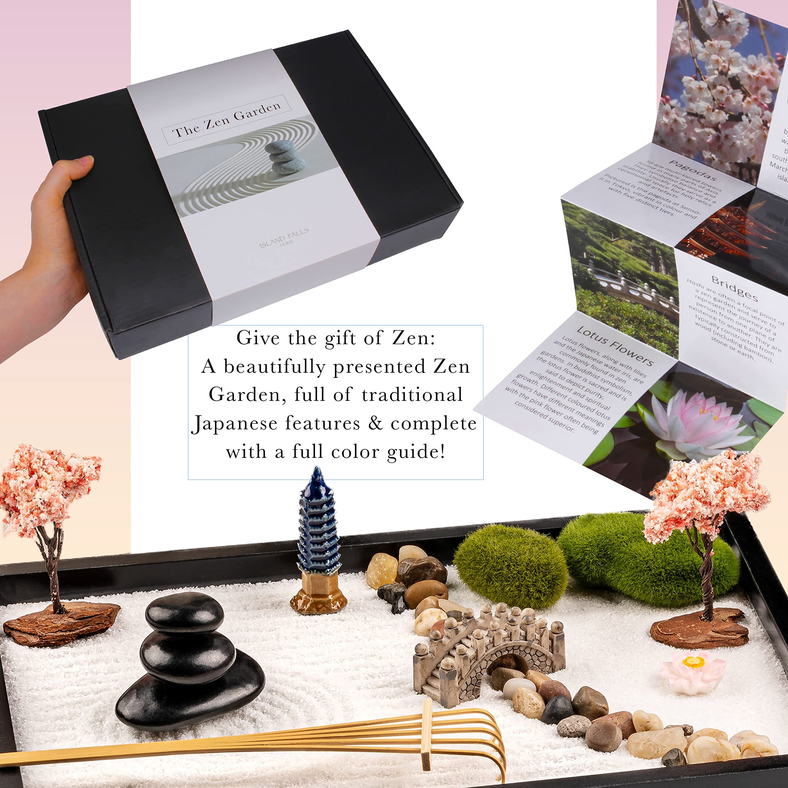 Zen Garden Kit 11x8in - Japanese Mini Rock Sand Garden with 6 Tools & 15 Accessories - Desktop Meditation Decor for Home & Office - Stress Relief Gift Set for Adults - Perfect for Mindfulness Practice, Office Decor, and Therapy Rooms
