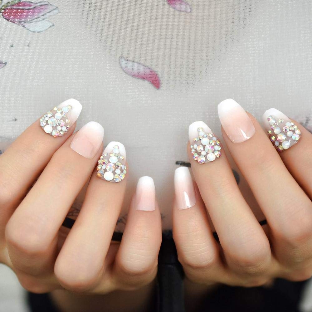 CSCH 24pcs Medium Coffin False Nails - Rhinestone 3D Crystal Design, Nude Gradient Press On Nails for Women | Perfect for Parties, Weddings & Special Occasions