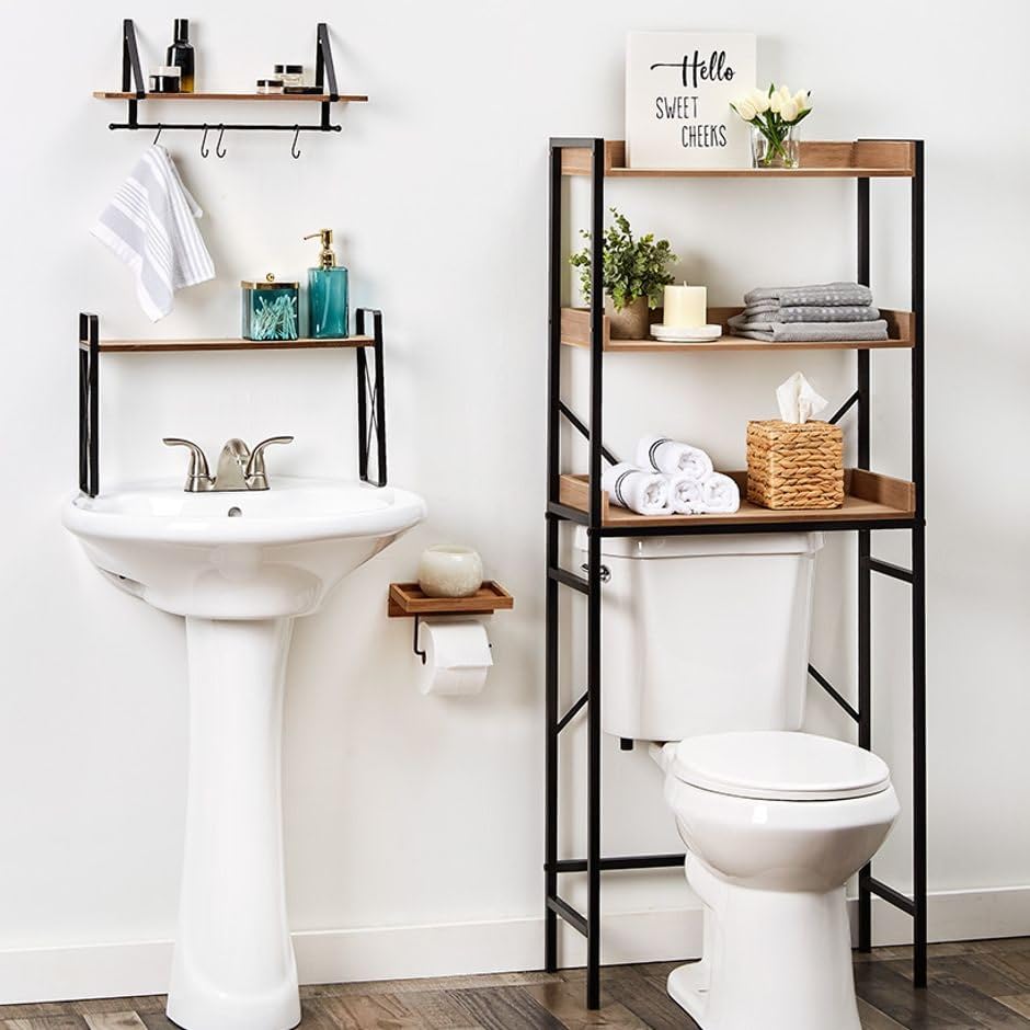 Farmhouse Style Over The Sink Bathroom Shelf - Rustic Wood Bathroom Organizer for Sponges, Soaps & Essentials | Perfect for Small Space Storage Above Sink