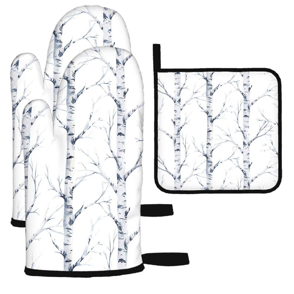 Swono 3-Piece Birch Tree Oven Mitts and Pot Holders Set - Winter Forest White Birch Pattern, Heat Resistant for BBQ, Baking & Grilling | Perfect for Kitchen, Outdoor Cooking & Holiday Gifts