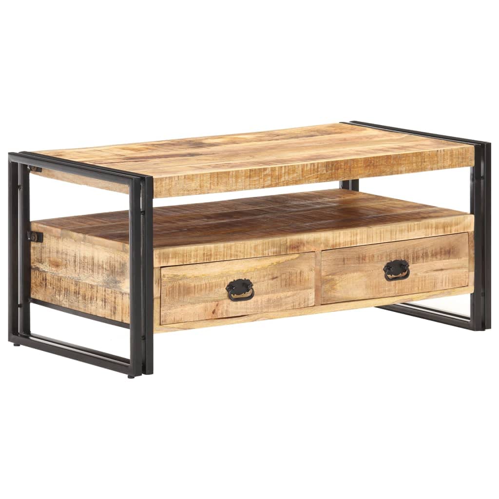 Industrial Mango Wood Coffee Table with Steel Legs & 2 Drawers - Living Room Centerpiece