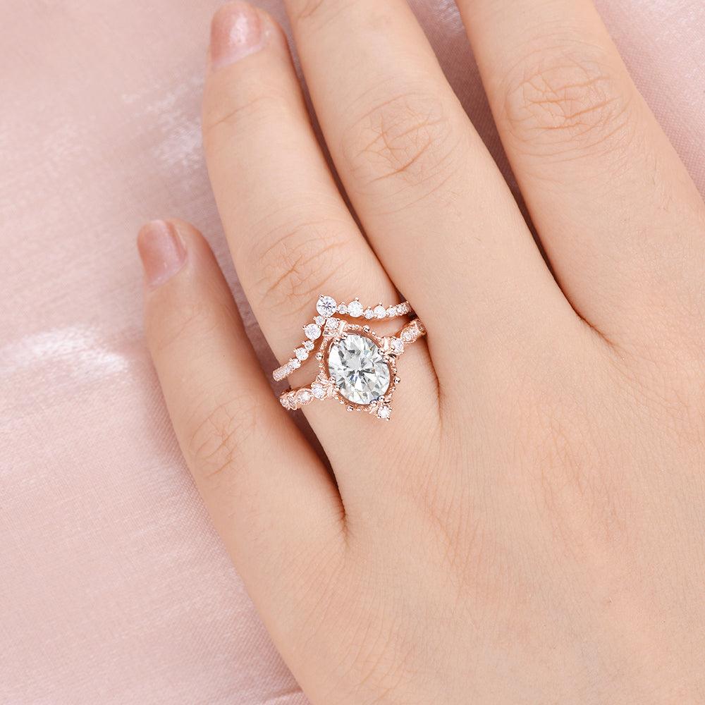 Art Deco Oval Cut Moissanite Engagement Ring Set - 2 Piece Bridal Jewelry for Wedding, Anniversary & Special Occasions