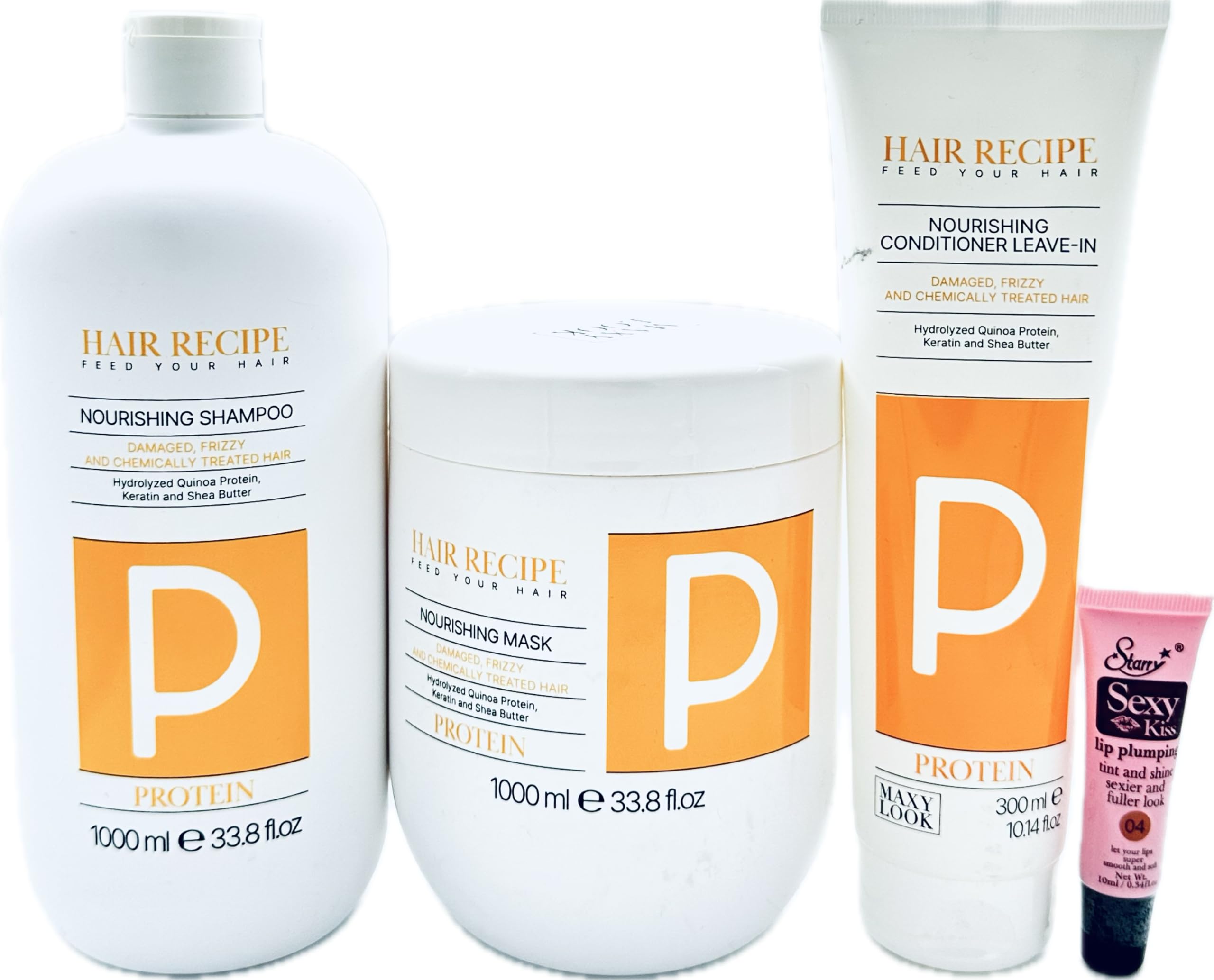 Protein Nourishing Shampoo 1000ml, Hair Mask 1000ml & Leave-in Conditioner 300ml Set for Damaged, Frizzy & Chemically Treated Hair - Includes Free Starry Lip Gloss 10ml | Salon-Quality Hair Care for Dry, Brittle & Color-Treated Locks at Home