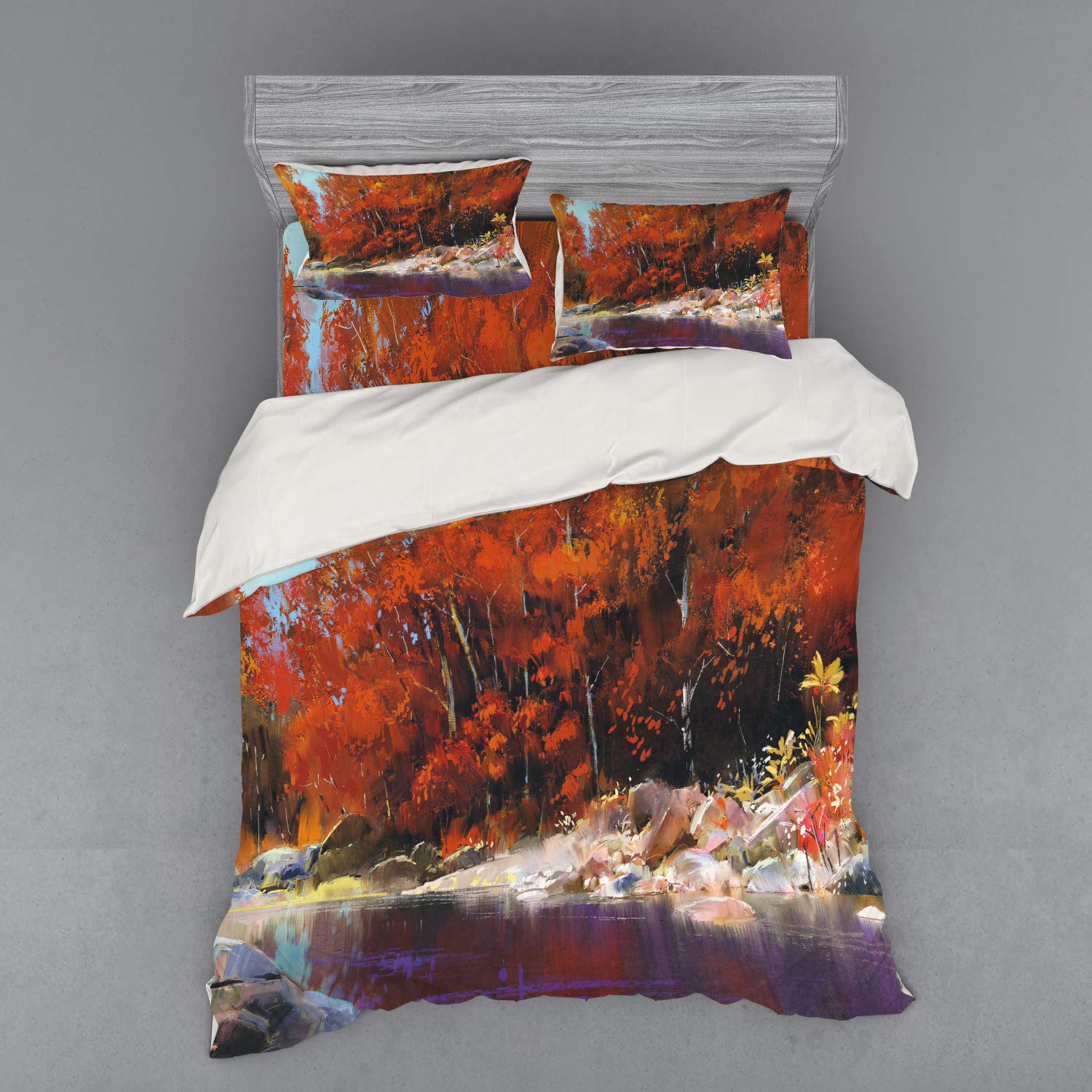 Ambesonne Nature Bedding Set - Queen Size 4-Piece Duvet Cover Set with Shams & Fitted Sheet, Autumn Forest River Artwork in Ginger Purple | Scenic Woods Design for Cozy Bedroom Decor & Relaxing Sleep
